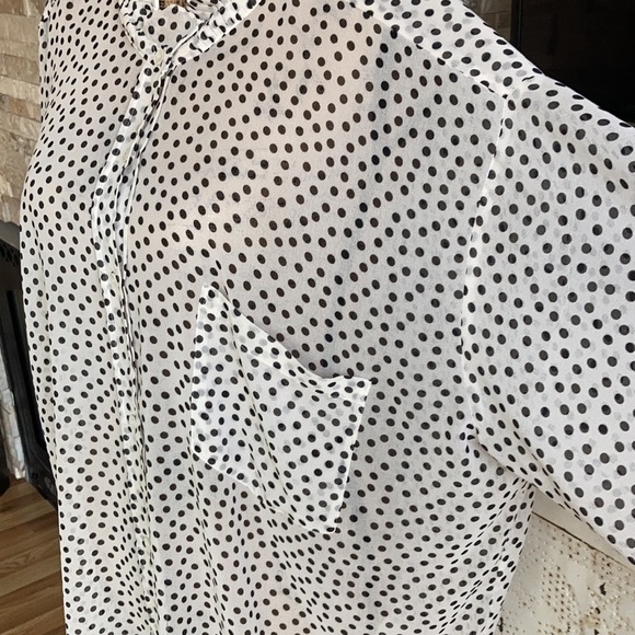 Zara oversized white sheer blouse black polka dots high ruffle neck button down - Picture 7 of 15
